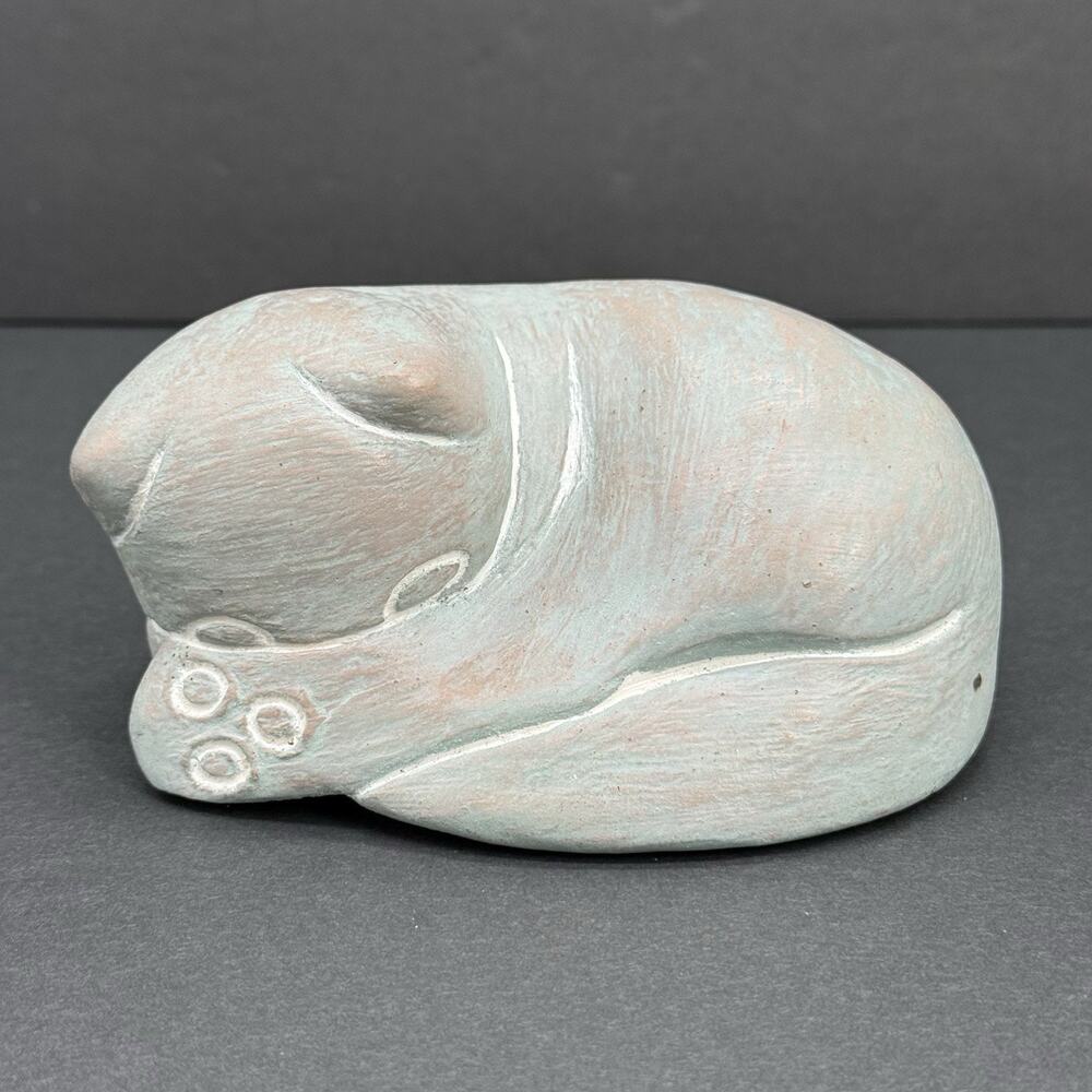 Signed Isabel Bloom Sleeping Cat Sculpture Blue Pottery USA Handcrafted Art
